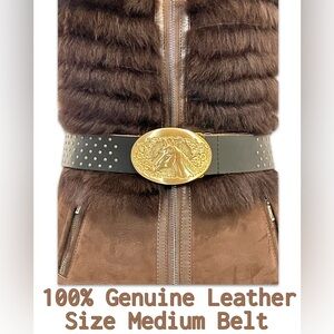 New Vintage Kenzie 100% Genuine Leather Brown Belt Gold Horse Buckle large studs